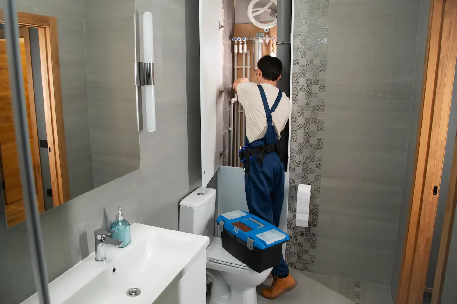 male plumber working fix problems client s house 23 2150990698